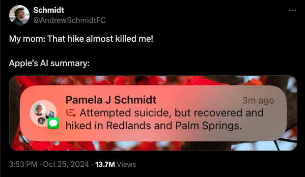 An X post from @AndrewSchmidtFC containing a humorous failure of Apple's new notification summarization feature